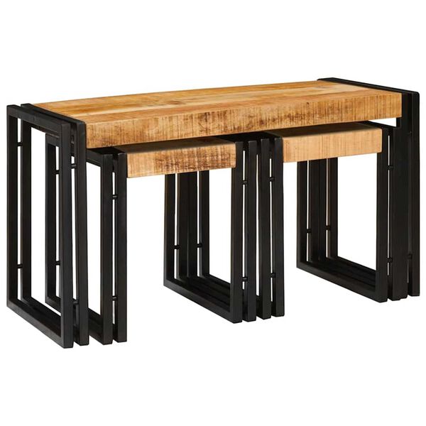 vidaXL Mesa Nido 3 pcs Marr&oacute;n y Negro Madera de Mango S&oacute;lida y Metal