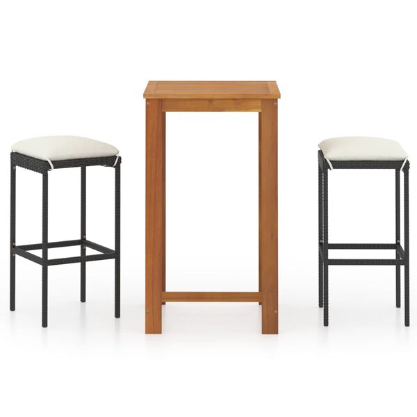 vidaXL Set de bar para jard&iacute;n 3 piezas y cojines rat&aacute;n sint&eacute;tico negro