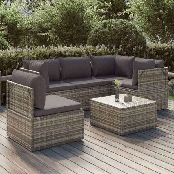 vidaXL Set de muebles de jard&iacute;n 6 pzas y cojines rat&aacute;n sint&eacute;tico gris
