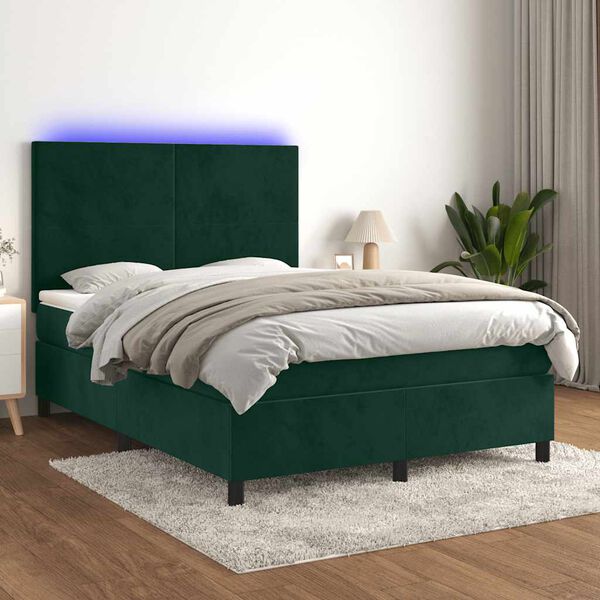 vidaXL Cama box spring colch&oacute;n y LED terciopelo verde oscuro 140x190cm