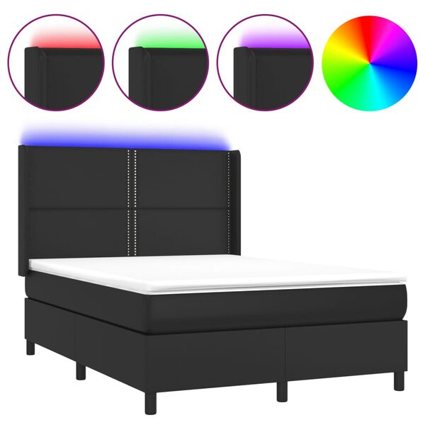 vidaXL Cama box spring colch&oacute;n y LED cuero sint&eacute;tico negro 140x190 cm