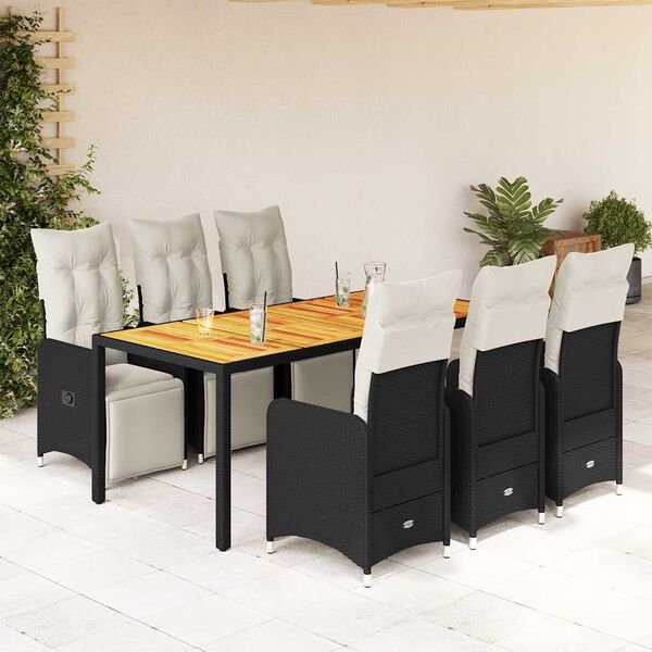 vidaXL Set de mesa y sillas de jard&iacute;n 7 pzas y cojines rat&aacute;n PE negro