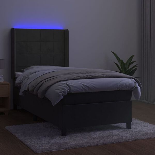 vidaXL Cama box spring colch&oacute;n y LED terciopelo gris oscuro 90x200 cm