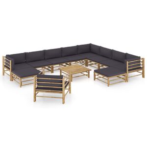 vidaXL Set de muebles de jard&iacute;n 12 pzas bamb&uacute; con cojines gris oscuro