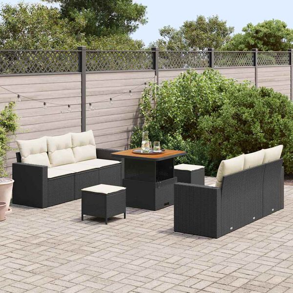 vidaXL Conjunto de sof&aacute; de jard&iacute;n con coj&iacute;n Manual 9 pcs Negro y crema