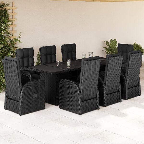vidaXL Set de comedor de jard&iacute;n 9 pzas y cojines rat&aacute;n sint&eacute;tico negro