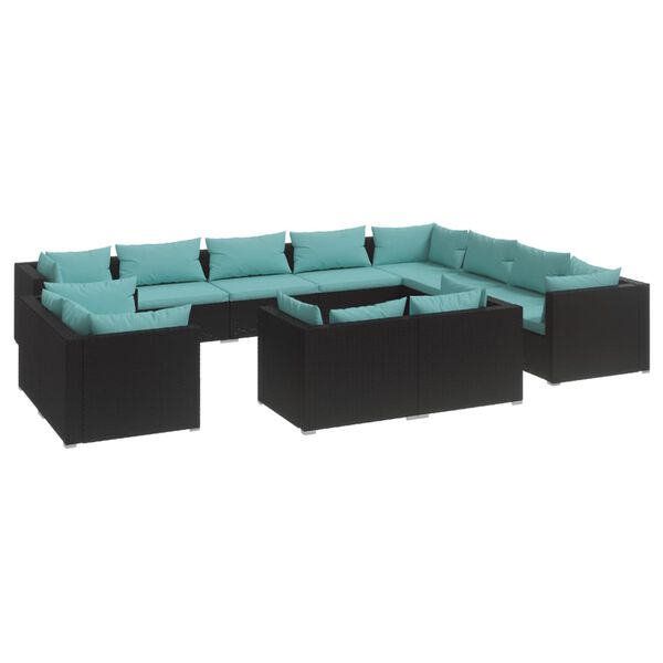 vidaXL Set de muebles de jard&iacute;n 12 pzas cojines rat&aacute;n sint&eacute;tico negro
