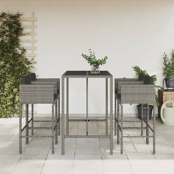 vidaXL Set de muebles de bar 5 piezas con cojines rat&aacute;n sint&eacute;tico gris