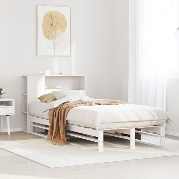 vidaXL Cama con estanter&iacute;a sin colch&oacute;n madera maciza blanca 90x190 cm