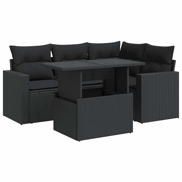 vidaXL Set de muebles de jard&iacute;n 5 pzas y cojines rat&aacute;n sint&eacute;tico negro