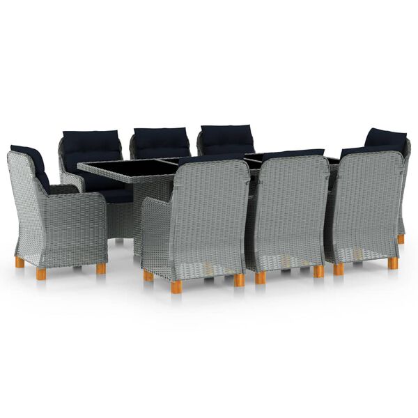 vidaXL Set comedor jard&iacute;n 9 pzas y cojines rat&aacute;n sint&eacute;tico gris claro