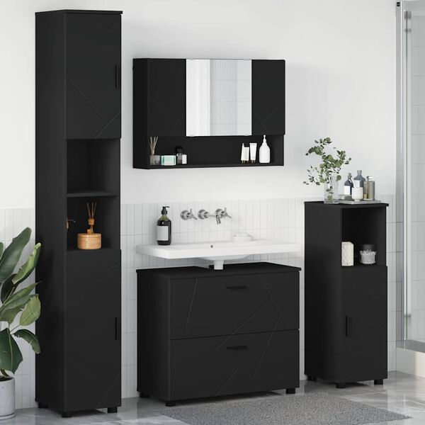 vidaXL Juego de muebles de ba&ntilde;o 4 pcs Negro Madera engineered y metal