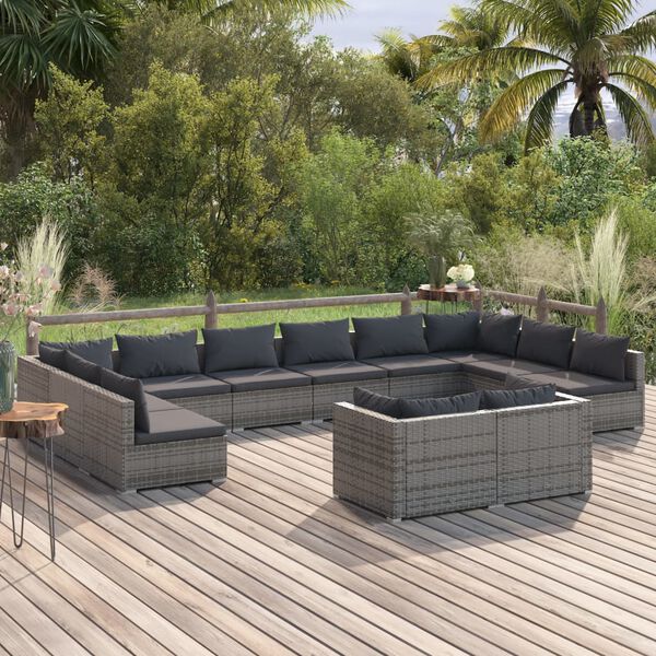 vidaXL Set de muebles de jard&iacute;n 12 pzas y cojines rat&aacute;n sint&eacute;tico gris