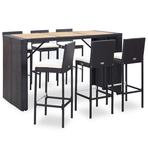 vidaXL Set muebles bar jardín y cojines 7 pzas ratán sintético negro