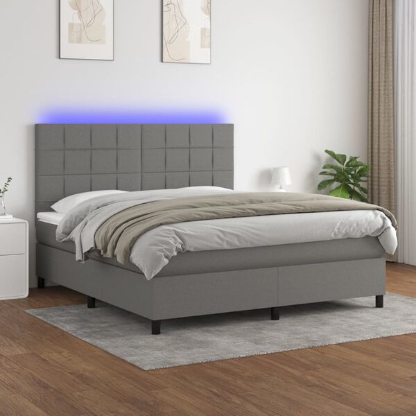 vidaXL Cama box spring colch&oacute;n y luces LED tela gris oscuro 160x200 cm