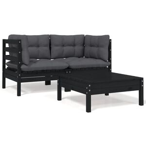 vidaXL Juego muebles de jard&iacute;n 3 pzas cojines negro madera pino maciza