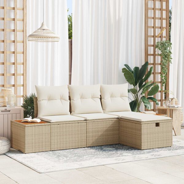 vidaXL Conjunto de sof&aacute; de jard&iacute;n 4 pcs Beige rat&aacute;n sint&eacute;tico