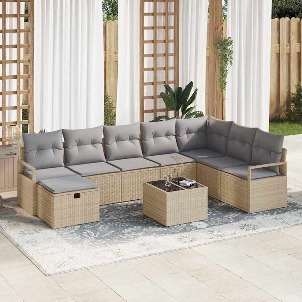 vidaXL Conjunto de sof&aacute; de jard&iacute;n 9 pcs Beige Polirat&aacute;n