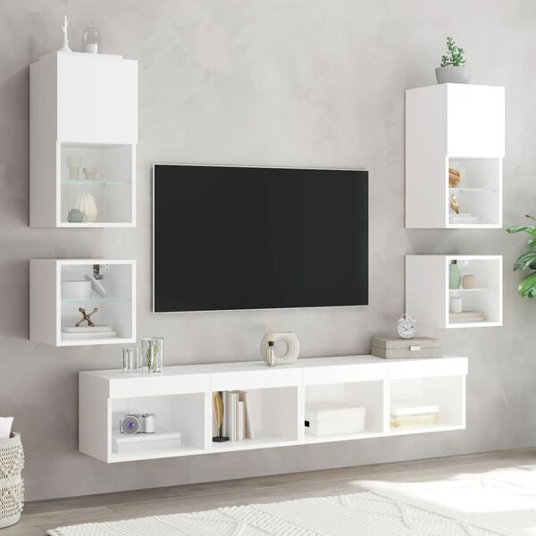 vidaXL Muebles de TV de pared con LED 8 pzas madera ingenier&iacute;a blanco