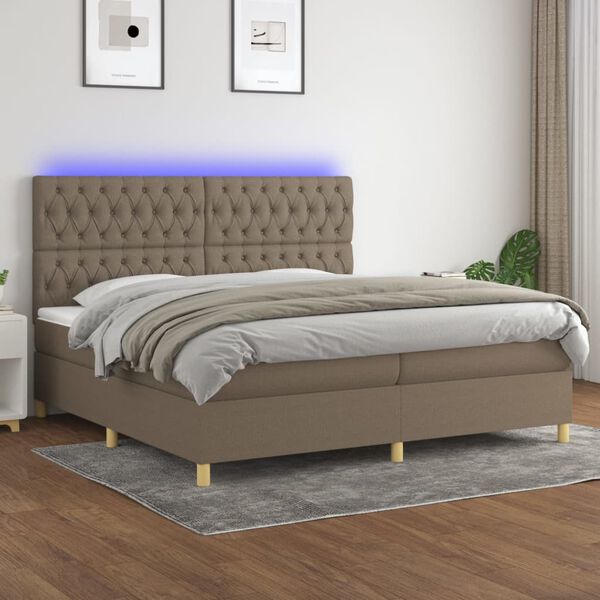 vidaXL Cama box spring colch&oacute;n y luces LED tela gris taupe 200x200 cm