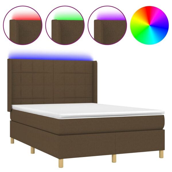 vidaXL Cama box spring colch&oacute;n luces LED tela marr&oacute;n oscuro 140x200cm