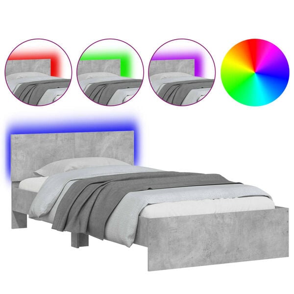 vidaXL Estructura de cama cabecero luces LED gris hormig&oacute;n 100x200 cm