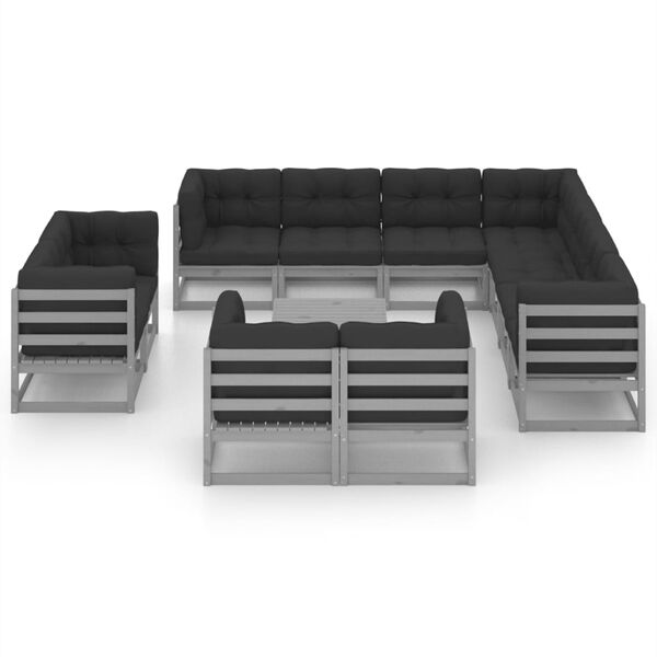 vidaXL Set de muebles de jardín 12 pzas con cojines madera pino gris