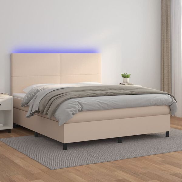 vidaXL Cama box spring colch&oacute;n LED cuero sint&eacute;tico capuchino 160x200cm