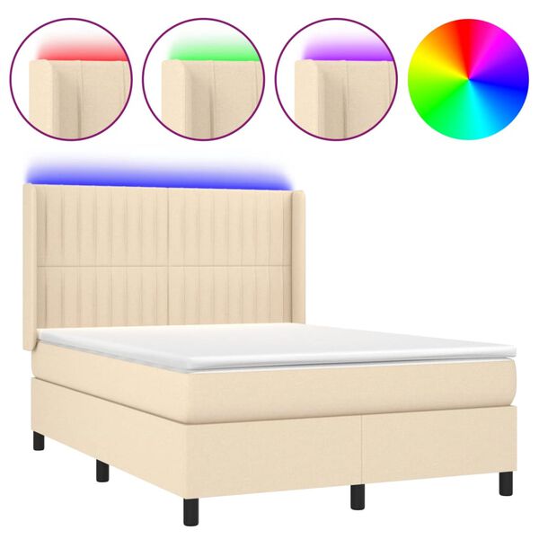 vidaXL Cama box spring colch&oacute;n y luces LED tela crema 140x190 cm