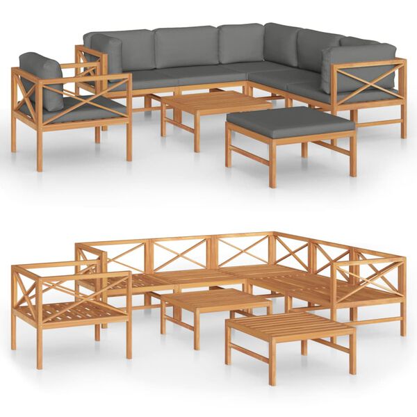 vidaXL Set de muebles de jard&iacute;n 8 pzas madera de teca y cojines gris