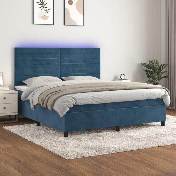 vidaXL Cama box spring colch&oacute;n y LED terciopelo azul oscuro 180x200 cm