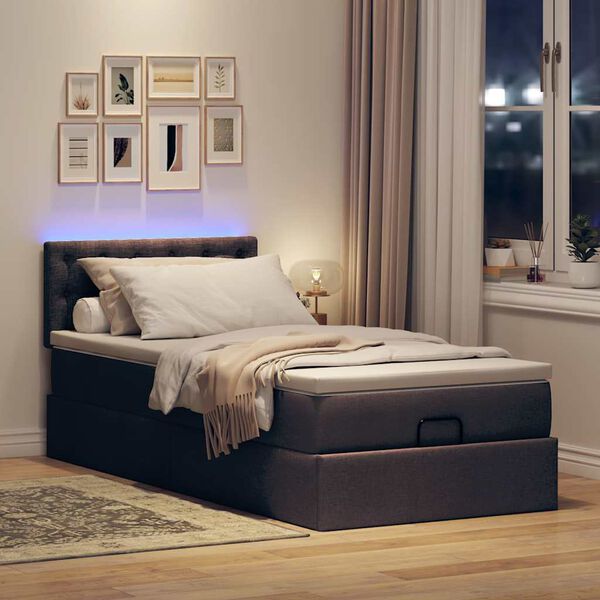 vidaXL Cama otomana con colch&oacute;n y LED tela marr&oacute;n oscuro 90x200 cm