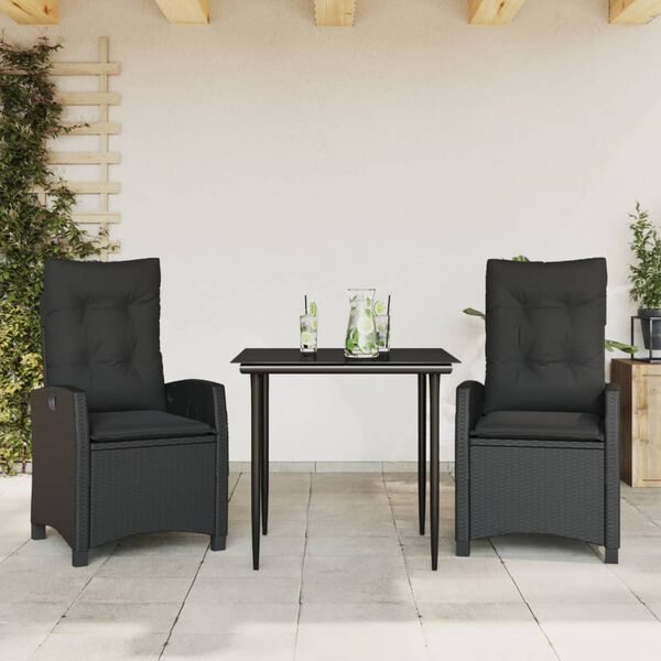 vidaXL Set comedor de jard&iacute;n 3 pzas con cojines rat&aacute;n sint&eacute;tico negro