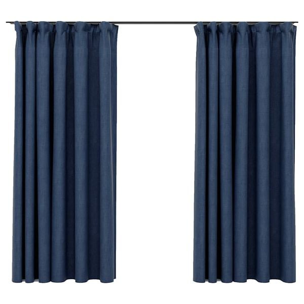 vidaXL Cortinas opacas con ganchos look de lino 2 pzas azul 140x175 cm