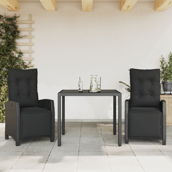 vidaXL Set comedor de jard&iacute;n 3 pzas con cojines rat&aacute;n sint&eacute;tico negro