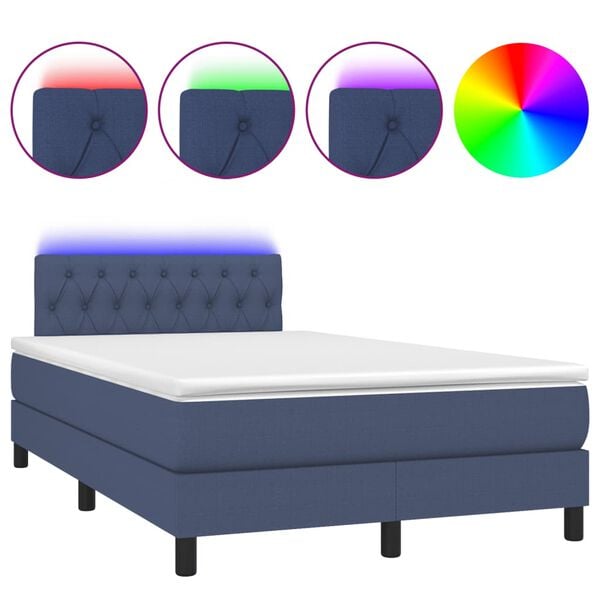 vidaXL Cama box spring con colch&oacute;n y luces LED tela azul 120x190 cm