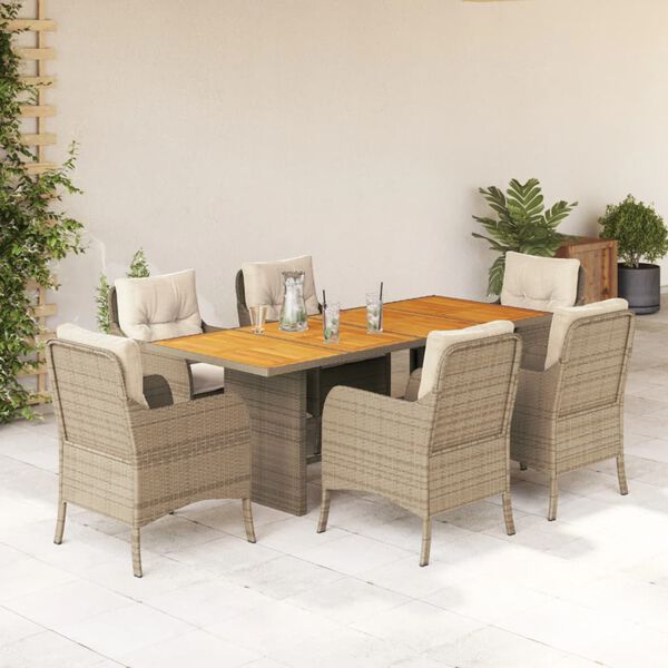 vidaXL Set comedor de jard&iacute;n 7 pzas con cojines rat&aacute;n sint&eacute;tico beige