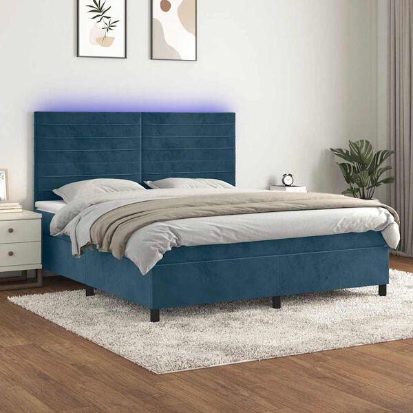 vidaXL Cama box spring colch&oacute;n y LED terciopelo azul oscuro 160x200 cm