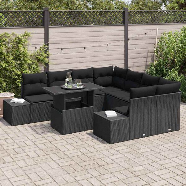 vidaXL Conjunto de sof&aacute; de jard&iacute;n 9 pcs Negro rat&aacute;n sint&eacute;tico