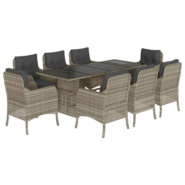 vidaXL Set comedor de jard&iacute;n 9 pzas cojines rat&aacute;n sint&eacute;tico gris claro