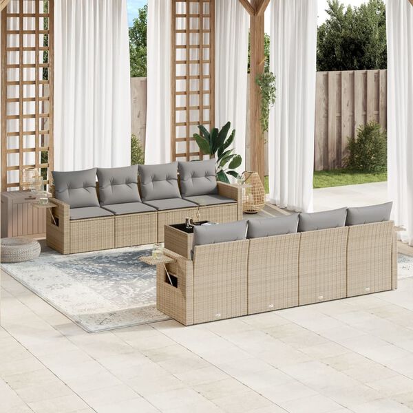 vidaXL Set de sof&aacute;s de jard&iacute;n 9 pzas con cojines rat&aacute;n sint&eacute;tico beige