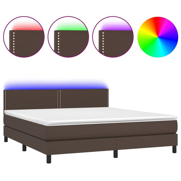 vidaXL Cama box spring colch&oacute;n y LED cuero sint&eacute;tico marr&oacute;n 180x200 cm