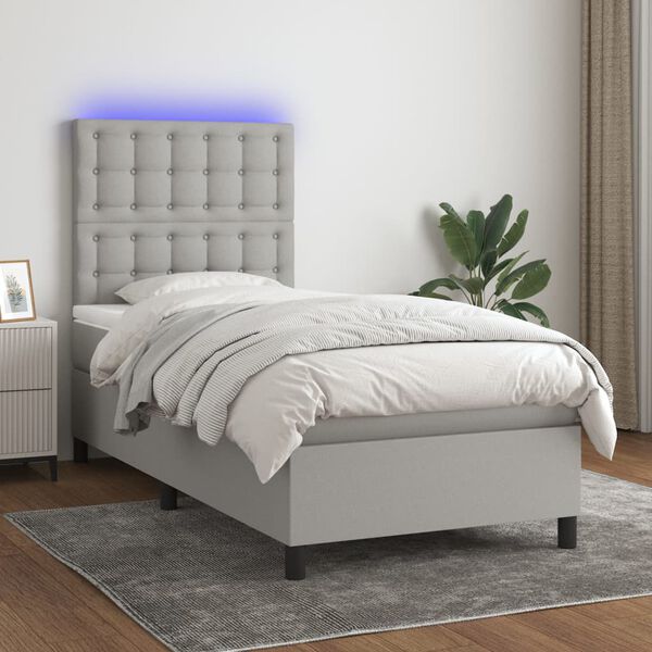 vidaXL Cama box spring colch&oacute;n y luces LED tela gris claro 90x200 cm