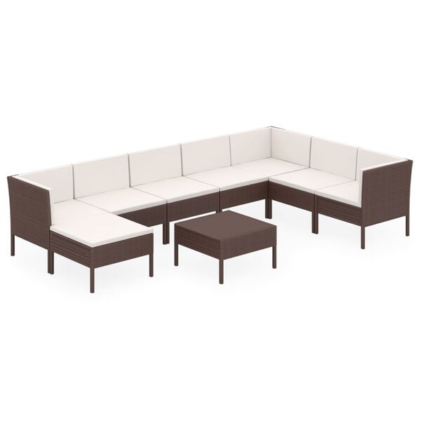 vidaXL Set muebles de jard&iacute;n 9 pzas y cojines rat&aacute;n sint&eacute;tico marr&oacute;n