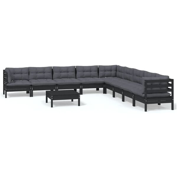 vidaXL Muebles de jard&iacute;n 10 pzas con cojines negro madera maciza pino