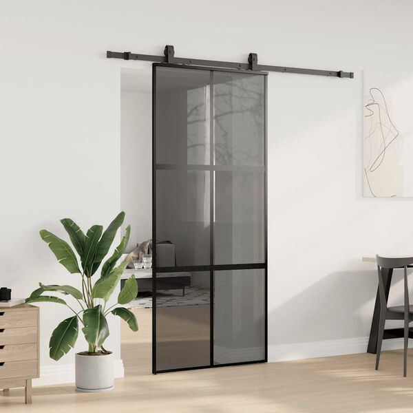 vidaXL Puerta corredera con herrajes negro 90x205 cm vidrio templado