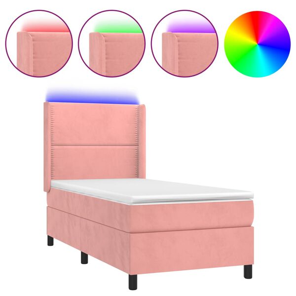 vidaXL Cama box spring colch&oacute;n y LED terciopelo rosa 100x200 cm