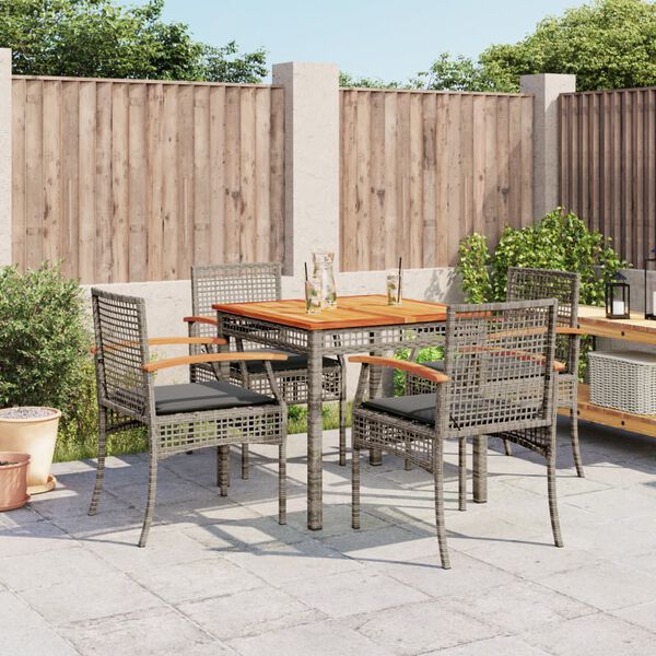 vidaXL Set comedor de jard&iacute;n 5 piezas con cojines rat&aacute;n sint&eacute;tico gris