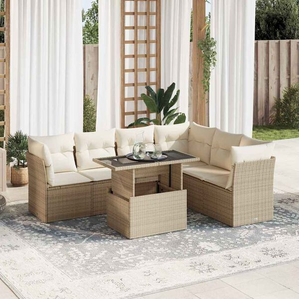 vidaXL Set sof&aacute;s de jard&iacute;n 7 piezas y cojines rat&aacute;n sint&eacute;tico beige