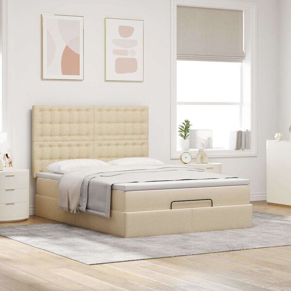 vidaXL Estructura de cama otomana con colch&oacute;n tela crema 140x200cm